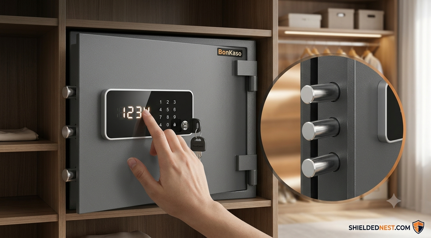 Hand entering PIN code on BonKaso safe locker digital keypad with close-up inset of solid steel shooting bolts.