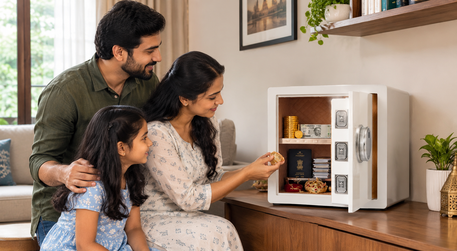Indian family using a BonKaso-style safe locker to securely store jewelry, cash, passports, and important documents at home